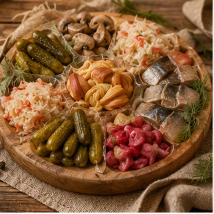 Большая деревянная доска с рыбой, сыром и соленьями